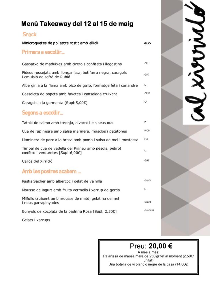 MENÚ TAKEAWAY DEL 12 AL 15 DE MAIG
