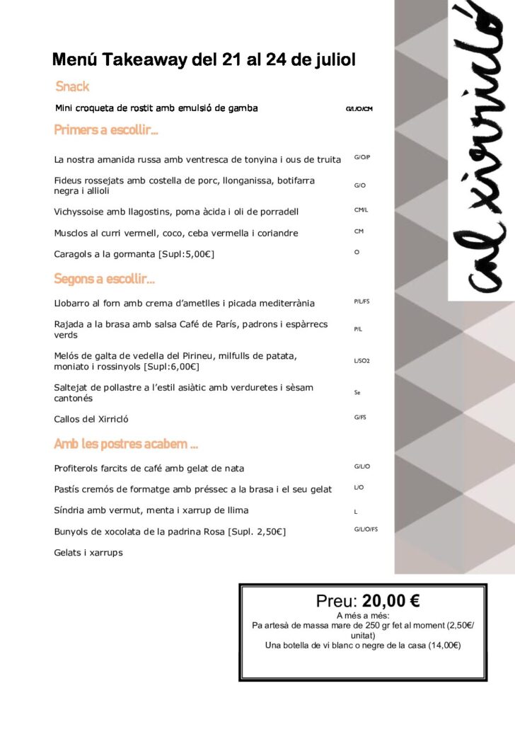 MENÚ TAKEAWAY DEL 21 AL 24 DE JULIOL