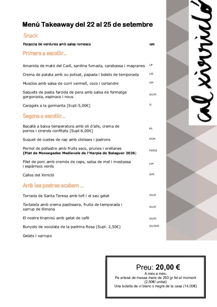 MENÚ TAKEAWAY DEL 22 AL 25 DE SETEMBRE