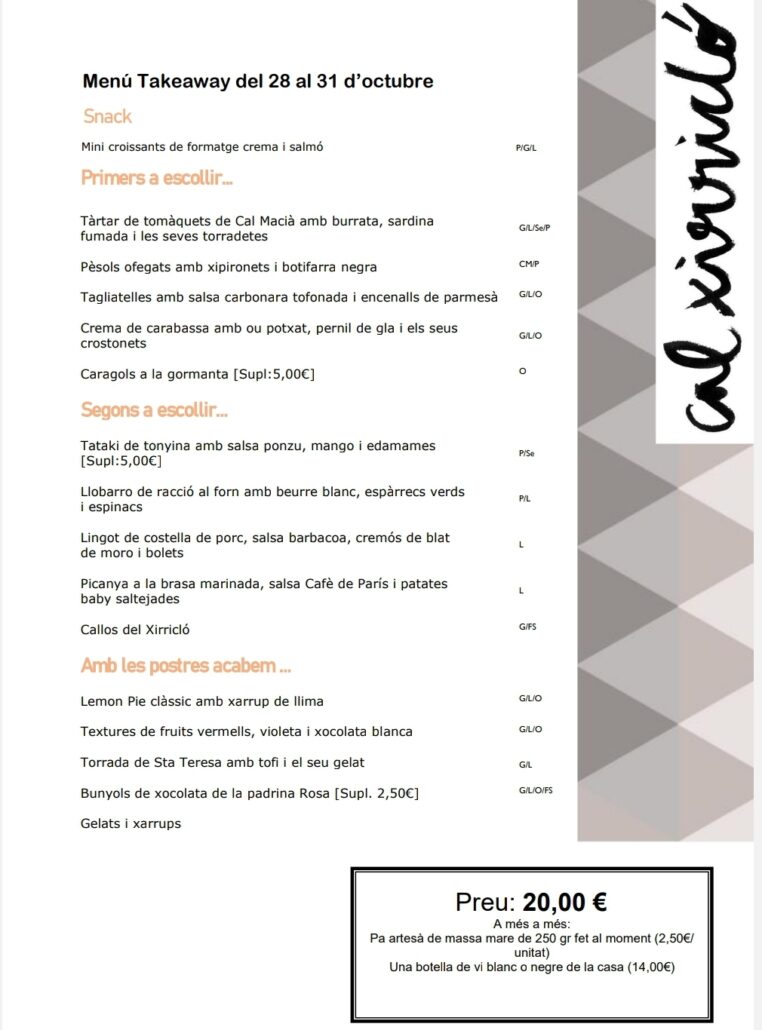 MENÚ TAKEAWAY DEL 28 AL 31 D'OCTUBRE