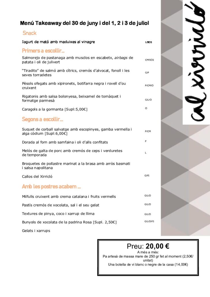 MENÚ TAKEAWAY del 30 de JUNY i del 1, 2 i 3 de JULIOL